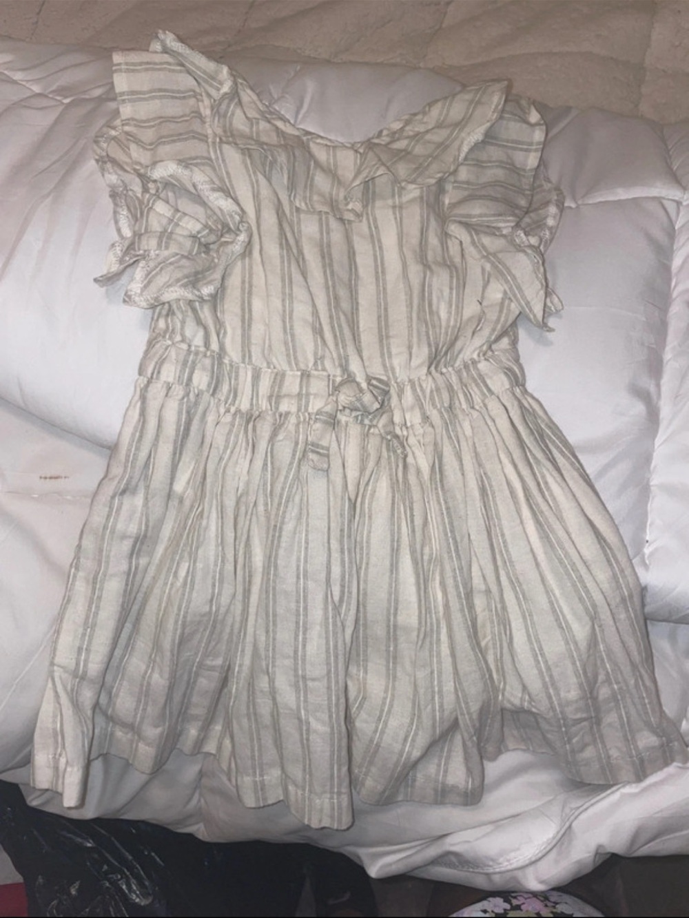 Girls Cream Striped Ruffle Sleeve Dress